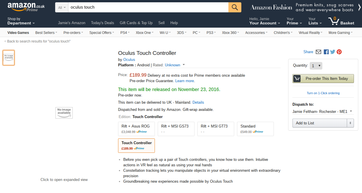 Amazon открыл предпродажи Oculus Touch